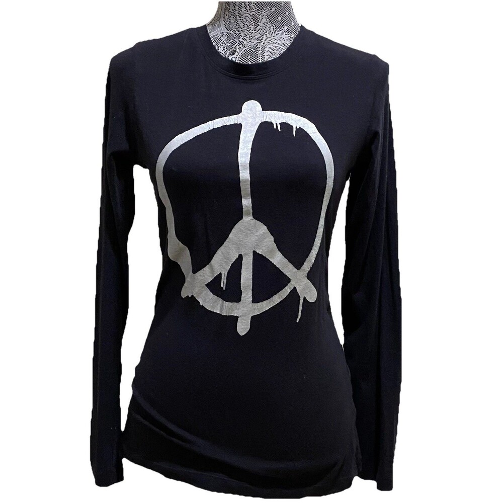 ISDA & CO Peace Sign Graphic Long Sleeve Black Metallic Foil Stretch Top XS - Picture 12 of 15